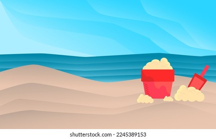 illustration of beach and sand bucket during daytime. suitable for various backgrounds and various other design purposes.
