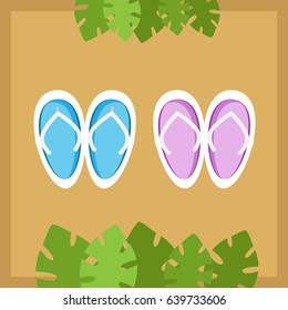 Illustration with beach sandals and palm tree leaves on brown background