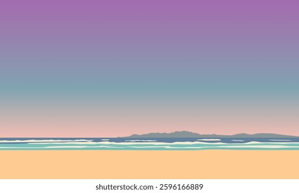 An illustration of a beach scene. The background is a gradient of pink and purple, with a mountain range visible in the distance. The sky is a soft pink. The overall mood of the image is peaceful  