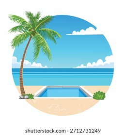 Ilustración de una escena de playa con una palmera, piscina y océano. Colores brillantes y estilo de dibujos animados. Representa un día soleado al aire libre.