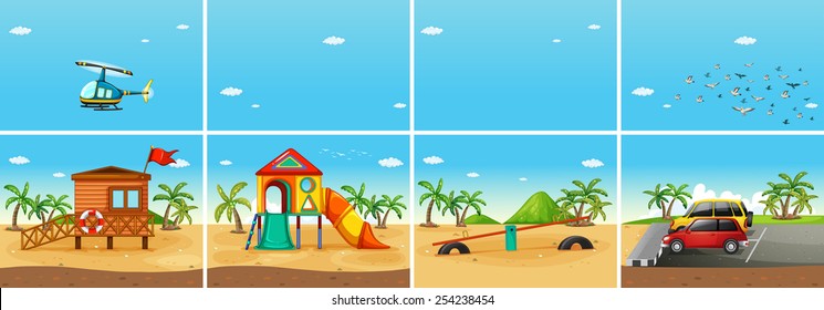Illustration of a beach scene with playground and carpark
