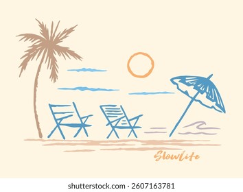 Illustration of a beach scene in simple, stylized lines.