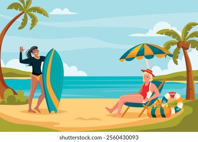 Illustration of a beach scene with a surfer and a woman relaxing under an umbrella.