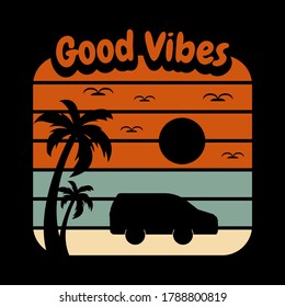 
illustration of beach scenes, car and coconut tree, and writing good vibes in a retro style