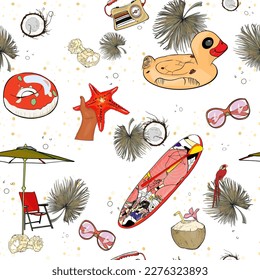 Illustration beach seamless pattern background. Palm leaves, coconuts, shells, surfboard, umbrella, deck chair, sunglasses, inflatable circle, starfish in hand, pool float. For print, package, clothes