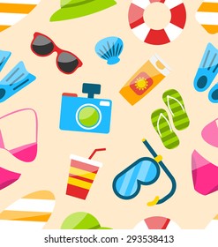 Illustration Beach Seamless Pattern with Tourism Objects and Equipments, Colorful Flat Icons - Vector