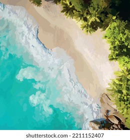 illustration beach shoreline waves colored turquoise blue sea brush stroke