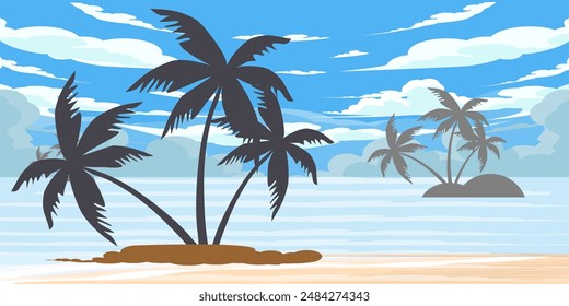 Illustration of a beach skyline.Sky with Clouds illustration in flat style. Sky and clouds background. Cloudy vector cartoon illustration in blue color. Nature abstract wallpaper.