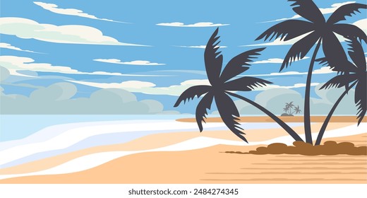 Illustration of a beach skyline.Sky with Clouds illustration in flat style. Sky and clouds background. Cloudy vector cartoon illustration in blue color. Nature abstract wallpaper.