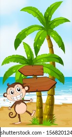 Illustration of a beach with a smiling elephant near the wooden signboard