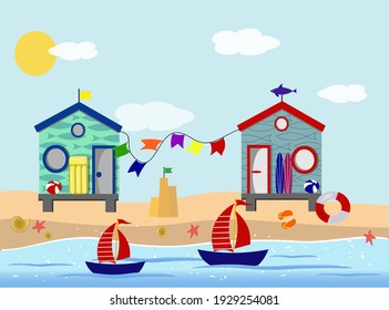 Illustration with a beach. Summer time on the beach. Beach houses, sand, sea, sun, surfing and paraphernalia for a seaside holiday. Vector illustration for decorating brochures, flyers, showcases