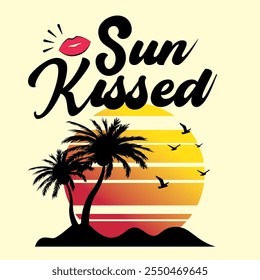 ILLUSTRATION OF A BEACH WITH SUN, TEXT AND KISS