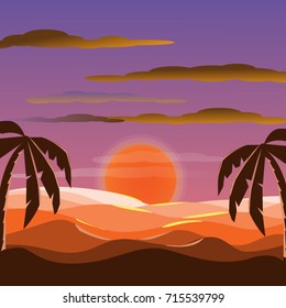 illustration beach at sunset