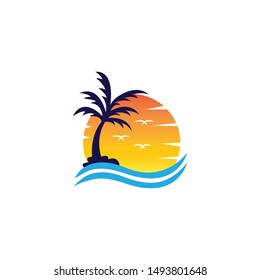 Illustration of a beach with a sunset atmosphere, with pictures of palm trees and the sea, summer beach logo illustration 