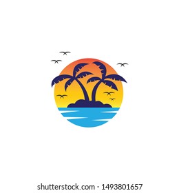 Illustration of a beach with a sunset atmosphere, with pictures of palm trees and the sea, summer beach logo illustration 