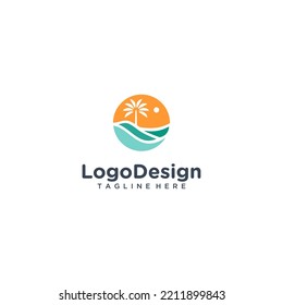 Illustration Of Beach Sunset Logo Design Vector