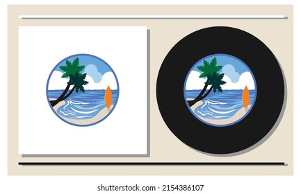 Illustration of beach and surfboard. Summer vacation logo
