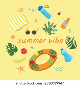 Illustration with beach things seashells and tropical leaves The inscription Summer vibe