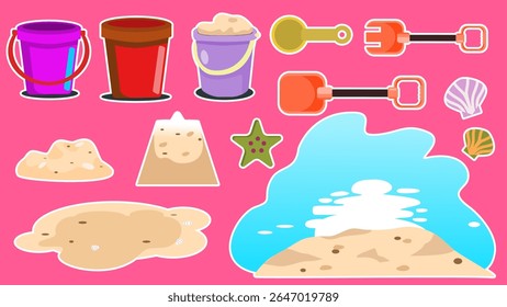 Illustration of beach toys, sand figures, and seashells arranged on a bright, playful backdrop, evoking summer fun, leisure activities, and creativity with sand art.