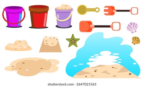 Illustration of beach toys, sand figures, and seashells arranged on transparent background, playful backdrop, evoking summer fun, leisure activities, and creativity with sand art.