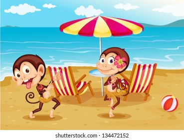 Illustration of a beach with two monkeys