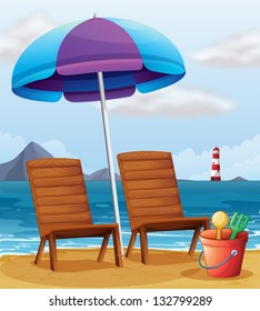 Illustration of a beach with an umbrella and chairs