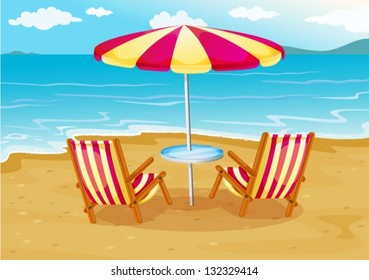 Illustration of a beach umbrella with chairs at the seashore