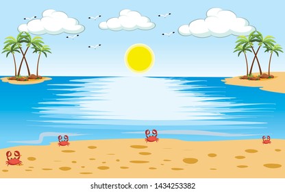 illustration of beach view with island and coconut trees