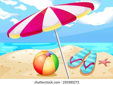 Illustration of beach view with umbrealla and beachball