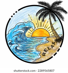 An illustration of a beach with waves, coconut trees, sand, and sun with the right color combination.