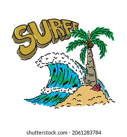 una muestra de las olas de la playa con un cocotero con las palabras surff