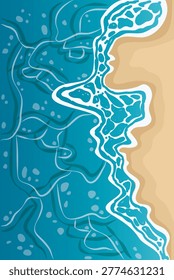 Illustration of a beach with waves and sand. Top view.