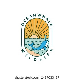 illustration of beach and whale monoline or line art style, beach, sea, coconut trees, sun, whale vector design illustration