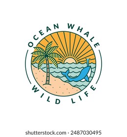 illustration of beach and whale monoline or line art style, beach, sea, coconut trees, sun, whale vector design illustration