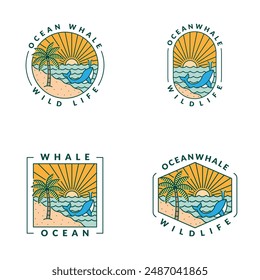 illustration of beach and whale monoline or line art style, beach, sea, coconut trees, sun, whale vector design illustration