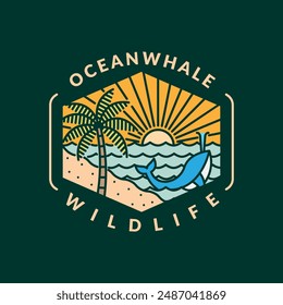 illustration of beach and whale monoline or line art style, beach, sea, coconut trees, sun, whale vector design illustration