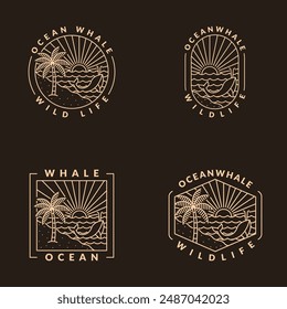 illustration of beach and whale monoline or line art style, beach, sea, coconut trees, sun, whale vector design illustration