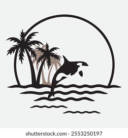 Ilustración de una playa y ballenas