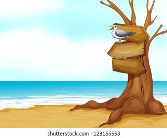 Illustration of a beach with a wooden signboard