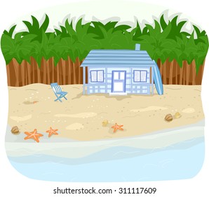 Ilustración de una cabaña frente a la playa con filas de palmeras detrás