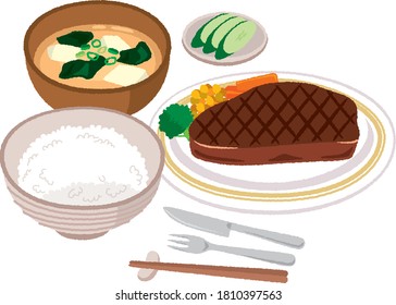 Illustration of a beaf steak set meal