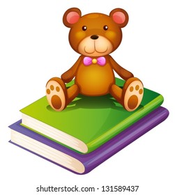 Illustration of a bear above the pile of books on a white background