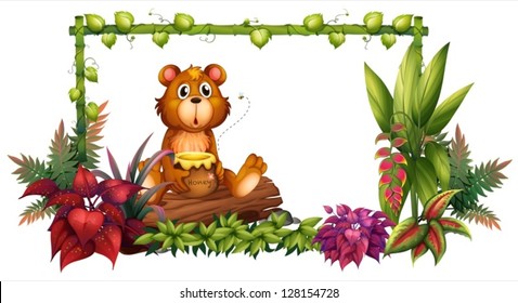 Illustration of a bear above a trunk in the garden on a white background