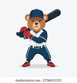 Illustration of bear in baseball attire holding bat