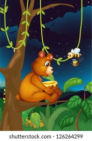 Illustration of a bear and a bee in the forest