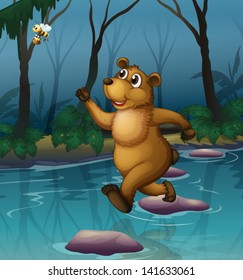 Illustration of a bear and a bee at the forest