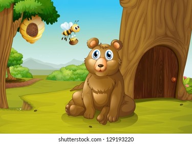 Illustration of a bear and a bee near a treehouse