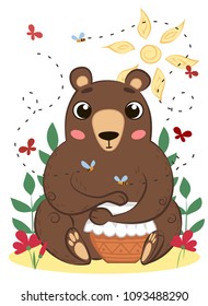 An illustration with a bear, bees, butterflies and honey