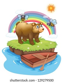 Illustration of the bear and bees in an island on a white background