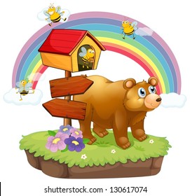 Illustration of a bear and bees near the arrow boards on a white background